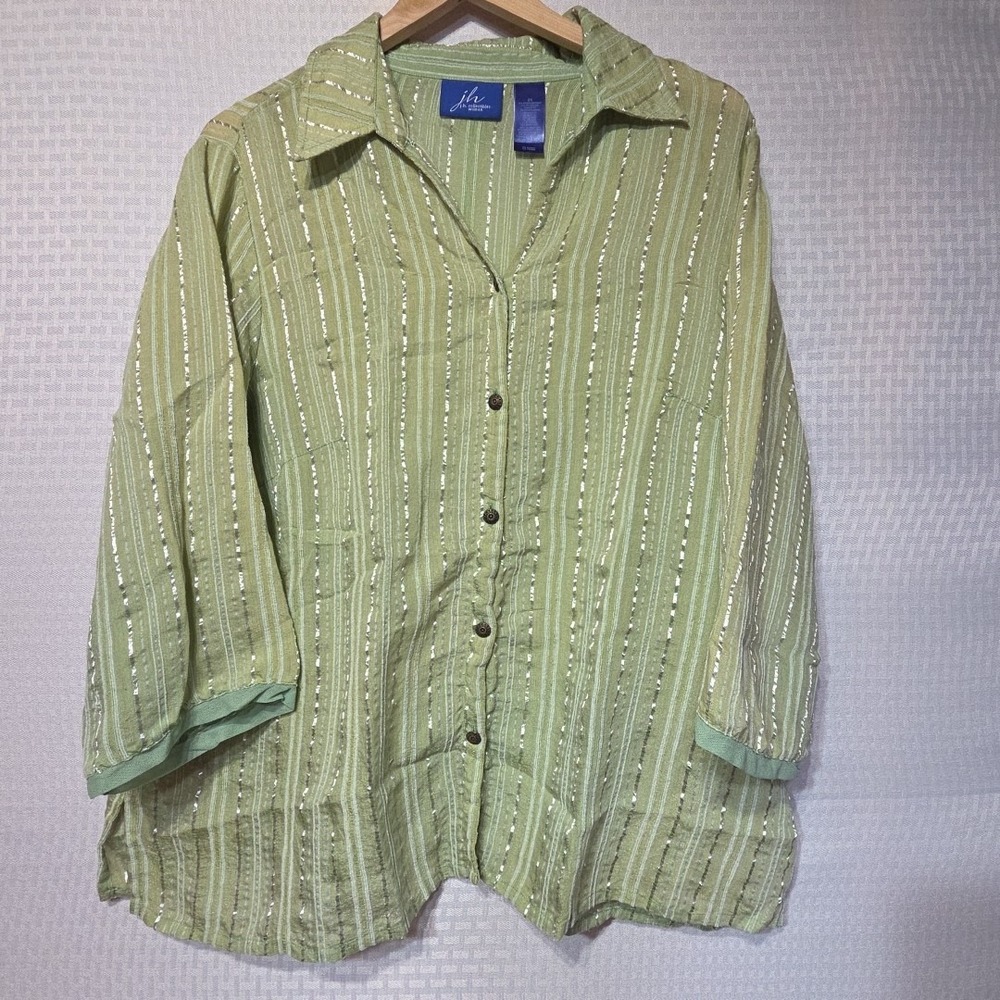 JH Collectibles Womens 3X Green Striped Silver Metallic Thread Mesh Blouse Top